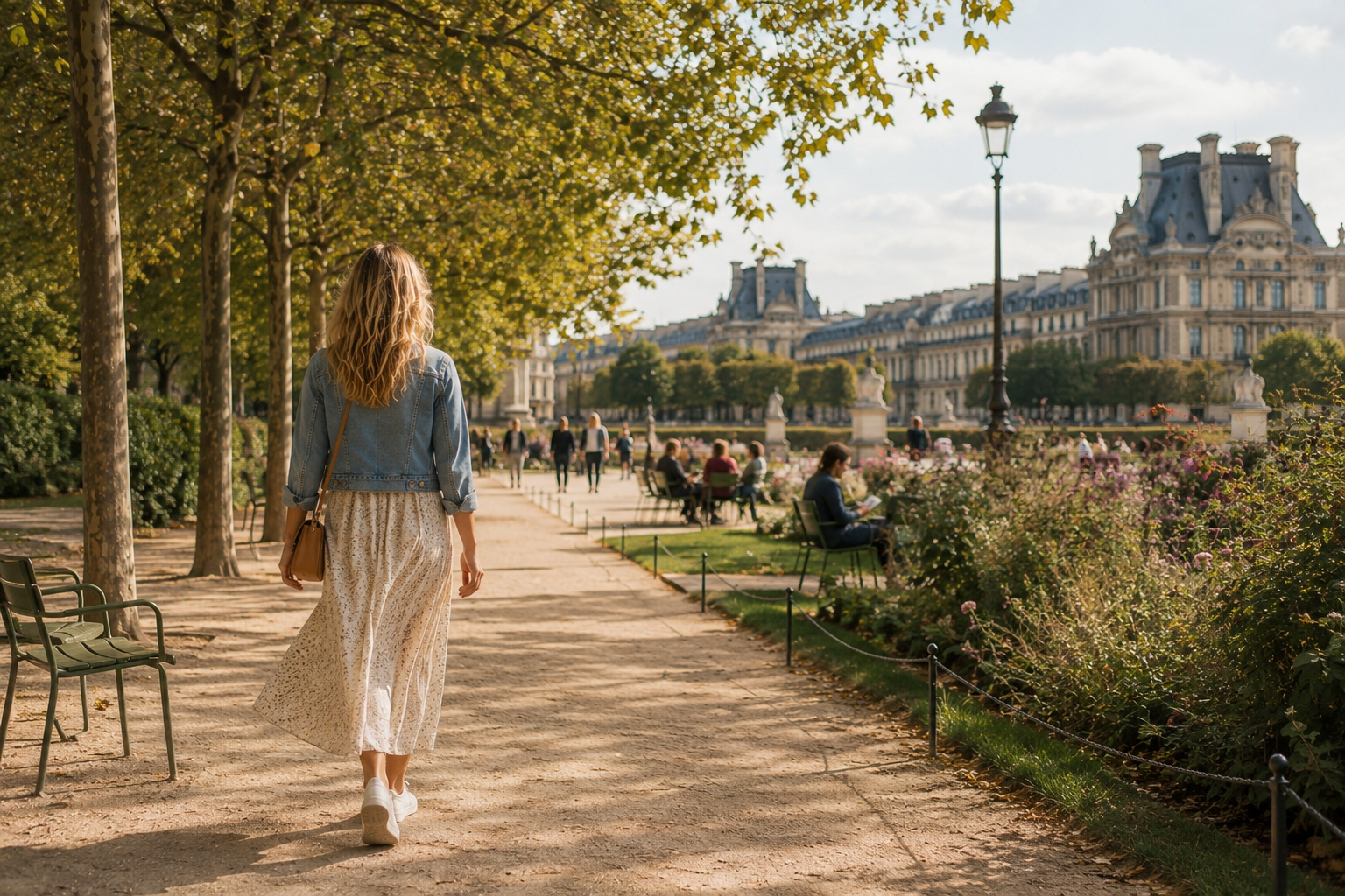 Femme marchant dans un jardin parisien au mois de septembre